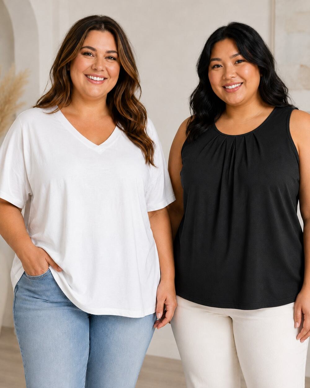 Zenana Bundle Plus Size Tops 1X 2X White Cotton V-Neck Black Stretch Sleeveless